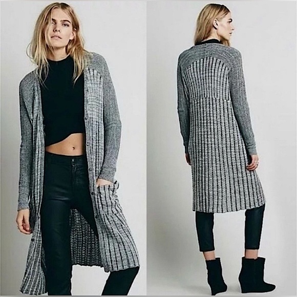 FREE PEOPLE Shadow Stripe Gray Longline Ribbed Duster Cardigan XS - Picture 1 of 10